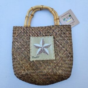 Wicker Beach Tote Bag Bamboo Handles Starfish Beaded Resort Boho NWT